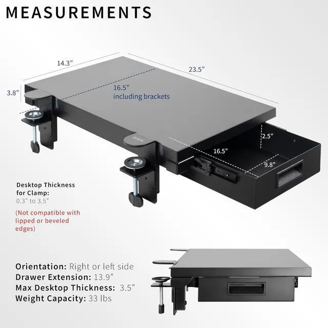 Alt view image 3 of 7 - Black Clamp-on 24 x 14 in Desk Extender, DESK-EXT24D Premium, Built-in Storage Drawer, Keyboard Tray, Side Table Extension Office Organizer