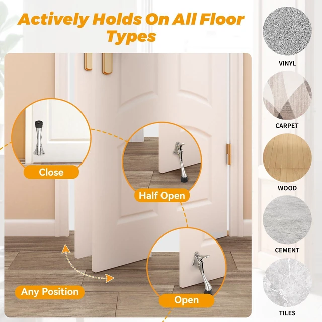 Alt view image 4 of 6 - Kickdown Door Stopper 5Inches - 2 Packs One Touch Adjustable Height Door Stop for The Bottom of Door The Bottom of Door Aluminum Alloy Metal Door Stopper with Rubber Tip Satin Nickel
