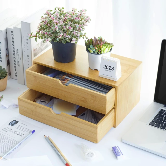 Alt view image 2 of 7 - Bamboo Desk Organizer With Drawers Countertop Drawers Counter Storage Box Corner Desk Organizer for Home Office No Assembly Required