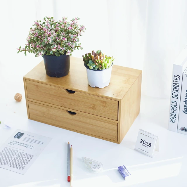 Alt view image 4 of 7 - Bamboo Desk Organizer With Drawers Countertop Drawers Counter Storage Box Corner Desk Organizer for Home Office No Assembly Required
