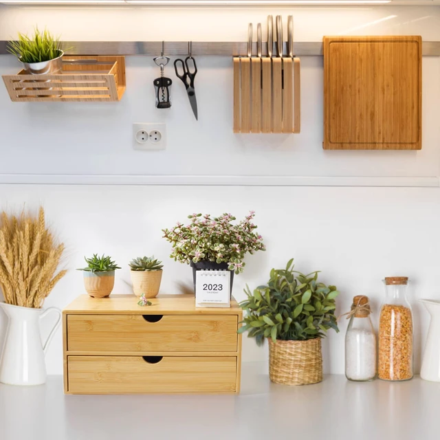Alt view image 6 of 7 - Bamboo Desk Organizer With Drawers Countertop Drawers Counter Storage Box Corner Desk Organizer for Home Office No Assembly Required