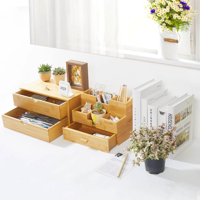 Alt view image 7 of 7 - Bamboo Desk Organizer With Drawers Countertop Drawers Counter Storage Box Corner Desk Organizer for Home Office No Assembly Required