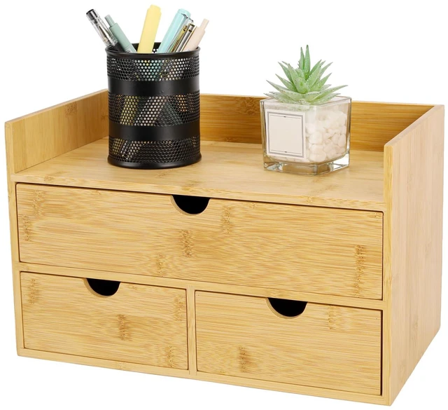 Main image of Bamboo Desk Organizer With Drawers Countertop Drawers Counter Storage Box Corner Desk Organizer for Home Office No Assembly Required