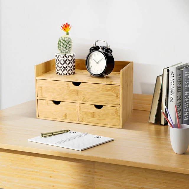 Alt view image 3 of 7 - Bamboo Desk Organizer With Drawers Countertop Drawers Counter Storage Box Corner Desk Organizer for Home Office No Assembly Required