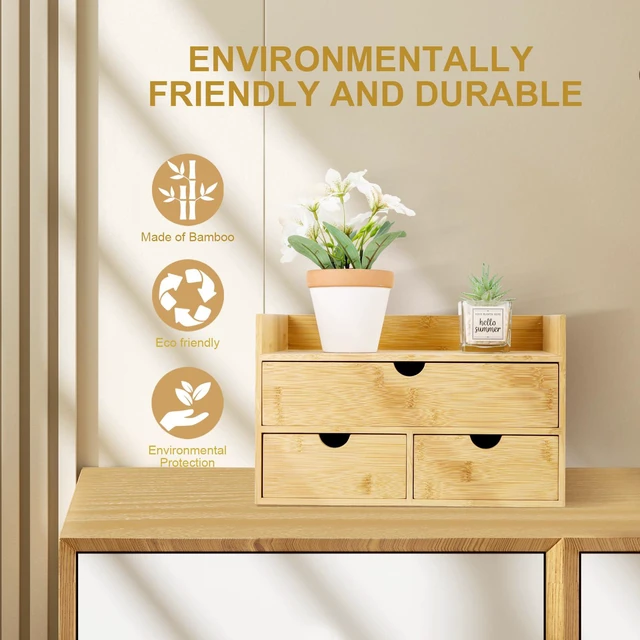 Alt view image 4 of 7 - Bamboo Desk Organizer With Drawers Countertop Drawers Counter Storage Box Corner Desk Organizer for Home Office No Assembly Required