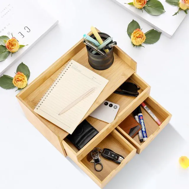 Alt view image 7 of 7 - Bamboo Desk Organizer With Drawers Countertop Drawers Counter Storage Box Corner Desk Organizer for Home Office No Assembly Required