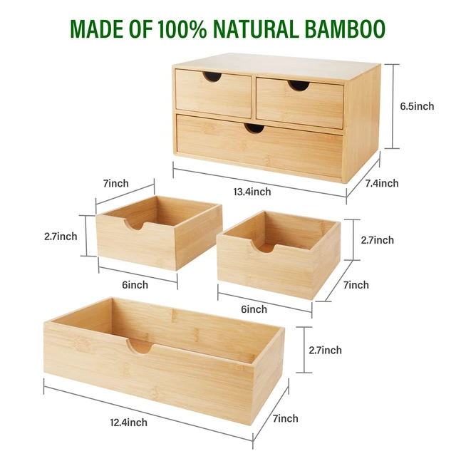 Alt view image 2 of 6 - Bamboo Desk Organizer With Drawers Countertop Drawers Counter Storage Box Corner Desk Organizer for Home Office No Assembly Required