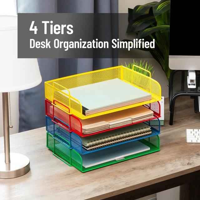 Alt view image 2 of 6 - Stackable Paper Tray, Classroom Organizer, File Storage, Teachers, Metal Mesh, 4 Pcs., Multi-Colored