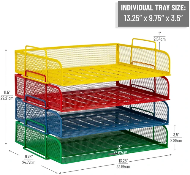 Alt view image 3 of 6 - Stackable Paper Tray, Classroom Organizer, File Storage, Teachers, Metal Mesh, 4 Pcs., Multi-Colored
