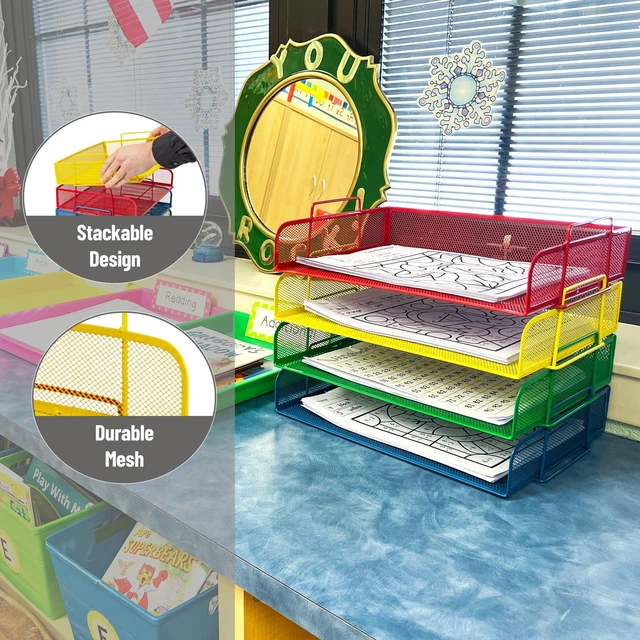 Alt view image 4 of 6 - Stackable Paper Tray, Classroom Organizer, File Storage, Teachers, Metal Mesh, 4 Pcs., Multi-Colored