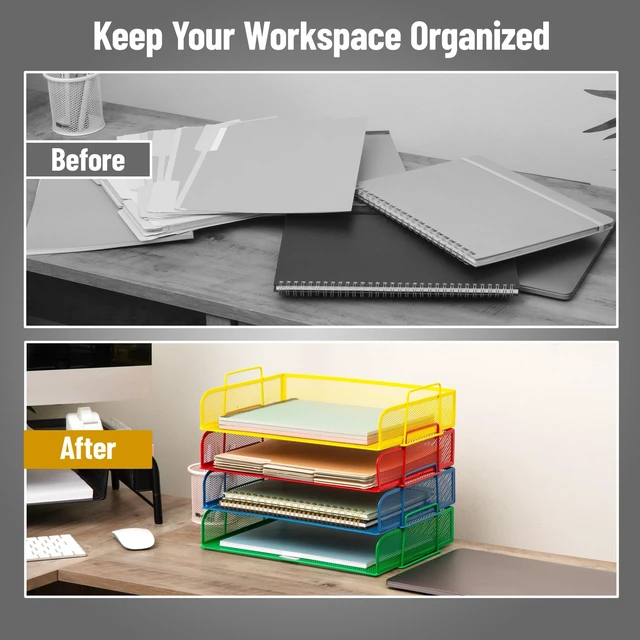 Alt view image 5 of 6 - Stackable Paper Tray, Classroom Organizer, File Storage, Teachers, Metal Mesh, 4 Pcs., Multi-Colored