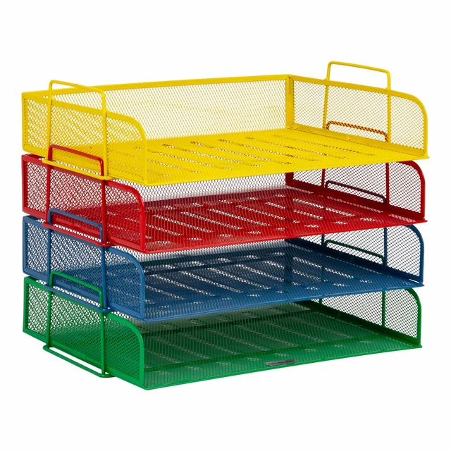 Alt view image 6 of 6 - Stackable Paper Tray, Classroom Organizer, File Storage, Teachers, Metal Mesh, 4 Pcs., Multi-Colored