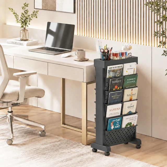 Alt view image 2 of 7 - 6-Tier Rolling Bookshelf Magazine Rack with Wheels Black Mobile Bookcase, Book Storage File Folder Organizer Cart for Home Study Office Living Room Classroom