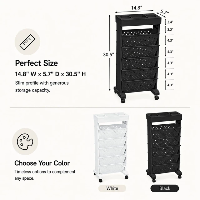Alt view image 3 of 7 - 6-Tier Rolling Bookshelf Magazine Rack with Wheels Black Mobile Bookcase, Book Storage File Folder Organizer Cart for Home Study Office Living Room Classroom
