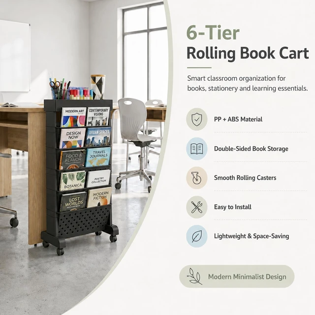 Alt view image 4 of 7 - 6-Tier Rolling Bookshelf Magazine Rack with Wheels Black Mobile Bookcase, Book Storage File Folder Organizer Cart for Home Study Office Living Room Classroom
