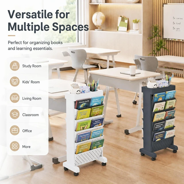 Alt view image 7 of 7 - 6-Tier Rolling Bookshelf Magazine Rack with Wheels Black Mobile Bookcase, Book Storage File Folder Organizer Cart for Home Study Office Living Room Classroom