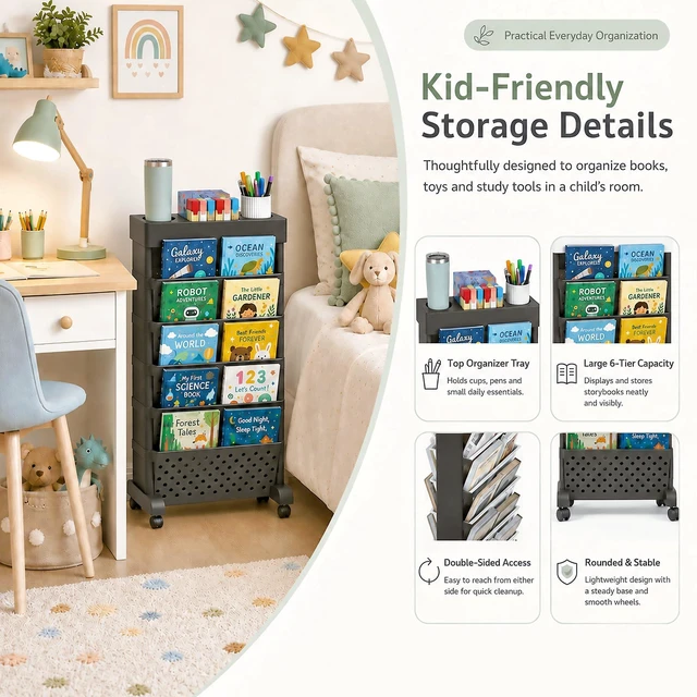 Alt view image 5 of 7 - 6-Tier Rolling Bookshelf Magazine Rack with Wheels Black Mobile Bookcase, Book Storage File Folder Organizer Cart for Home Study Office Living Room Classroom
