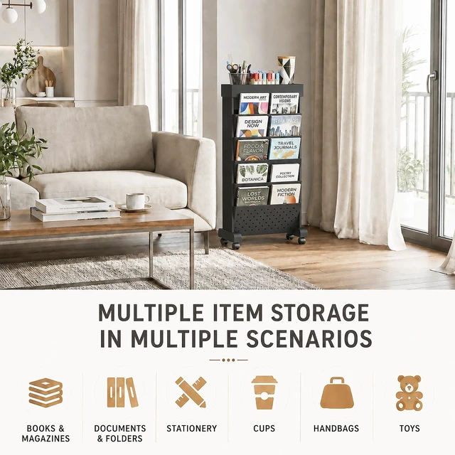 Alt view image 6 of 7 - 6-Tier Rolling Bookshelf Magazine Rack with Wheels Black Mobile Bookcase, Book Storage File Folder Organizer Cart for Home Study Office Living Room Classroom