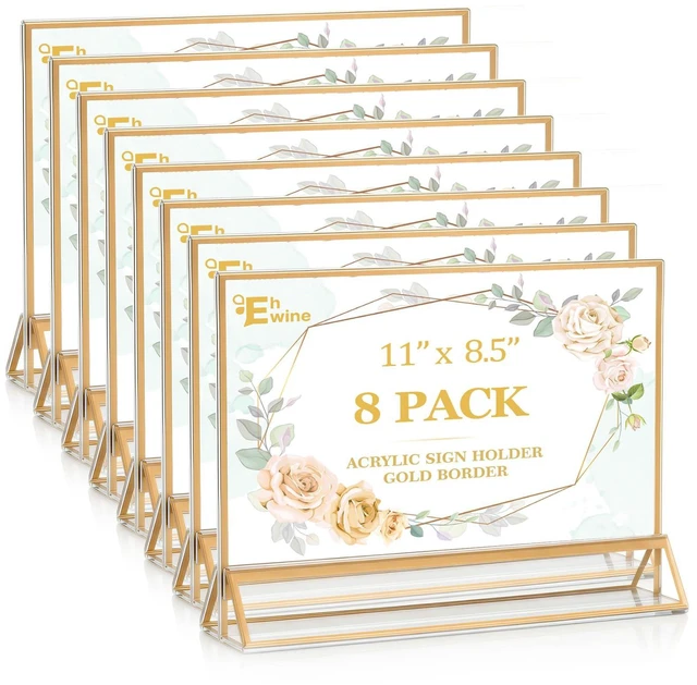 Main image of 8 Pack Acrylic Sign Holder 8.5 x 11 Horizontal, Double-Sided Stand up Table Top Sign Holders, Gold Acrylic Picture Frame Menu Flyer Paper Holder Display Stand for Office Business Store Wedding Party