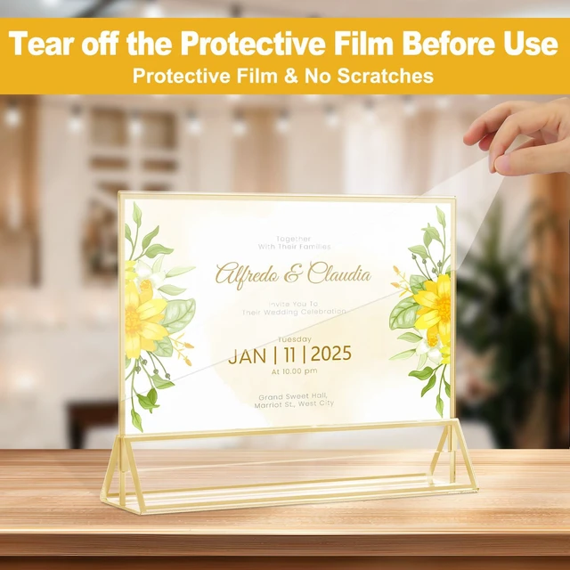 Alt view image 3 of 7 - 8 Pack Acrylic Sign Holder 8.5 x 11 Horizontal, Double-Sided Stand up Table Top Sign Holders, Gold Acrylic Picture Frame Menu Flyer Paper Holder Display Stand for Office Business Store Wedding Party