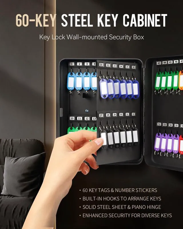Alt view image 4 of 7 - 60 Position Key Cabinet with Key Lock Wall Mounted Black Security Storage Box Steel Key Organizer with Colorful Key Tag Labels Stickers and Hooks