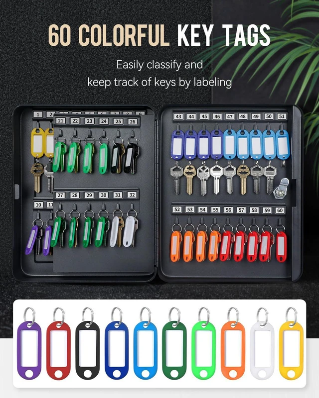 Alt view image 6 of 7 - 60 Position Key Cabinet with Key Lock Wall Mounted Black Security Storage Box Steel Key Organizer with Colorful Key Tag Labels Stickers and Hooks