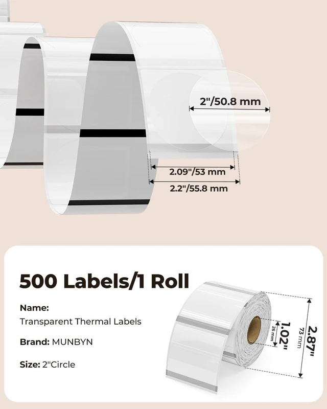 Alt view image 2 of 7 - 2 Inch Transparent Round Thermal Labels, 500 Sheets/1 Roll Strong Adhesive & Waterproof & Tear-Resistant for Small Business, Bakery, Barcode, Inventory