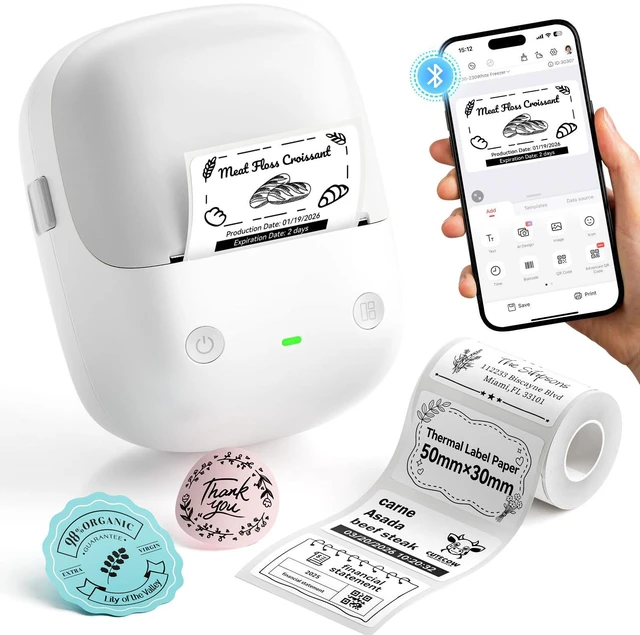 Main image of B2 Label Maker Machine with Tape for Home Office, Gray White Portable Bluetooth 2 Inch Label Printer with Multiple Templates, Thermal Labeler for Kitchen Coffee Shop Bakery Organization