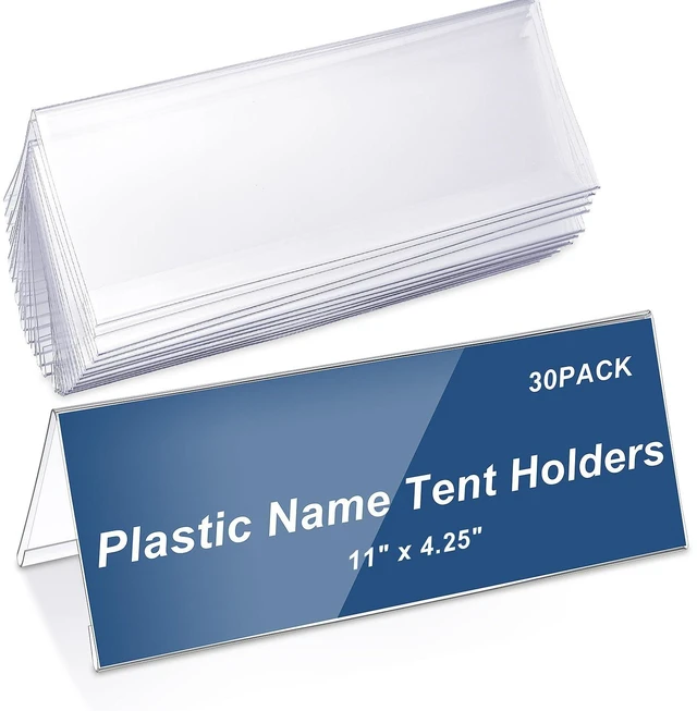Main image of 24 Pack Clear Name Tent Holders Desk Sign, 11" X 4.25", 30 Pcs Clear Plastic Name Plate Holder for Desk, PVC Names Card Holder, Table Sign Frame for Office School Business Conference