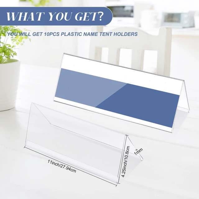 Alt view image 2 of 7 - 24 Pack Clear Name Tent Holders Desk Sign, 11" X 4.25", 30 Pcs Clear Plastic Name Plate Holder for Desk, PVC Names Card Holder, Table Sign Frame for Office School Business Conference
