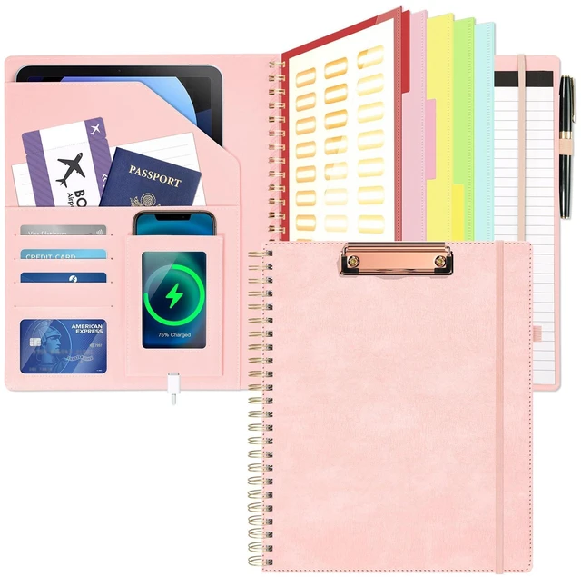 Main image of Clipboard with Storage for Men Women, Leather Padfolio Portfolio Organizer 5 Folders with 10 Pockets, Spiral Clipboard Folio with Notepad for Letter Size, Elastic Closure and Pen Loop Pink