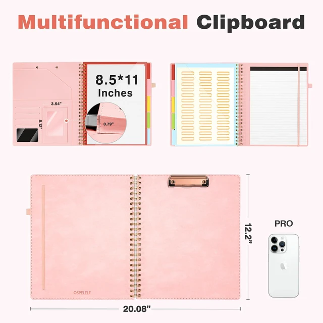Alt view image 2 of 7 - Clipboard with Storage for Men Women, Leather Padfolio Portfolio Organizer 5 Folders with 10 Pockets, Spiral Clipboard Folio with Notepad for Letter Size, Elastic Closure and Pen Loop Pink