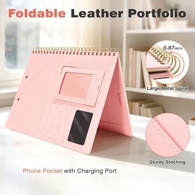 Alt view image 4 of 7 - Clipboard with Storage for Men Women, Leather Padfolio Portfolio Organizer 5 Folders with 10 Pockets, Spiral Clipboard Folio with Notepad for Letter Size, Elastic Closure and Pen Loop Pink