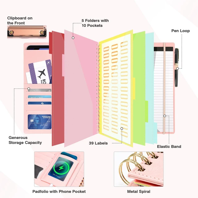 Alt view image 3 of 7 - Clipboard with Storage for Men Women, Leather Padfolio Portfolio Organizer 5 Folders with 10 Pockets, Spiral Clipboard Folio with Notepad for Letter Size, Elastic Closure and Pen Loop Pink