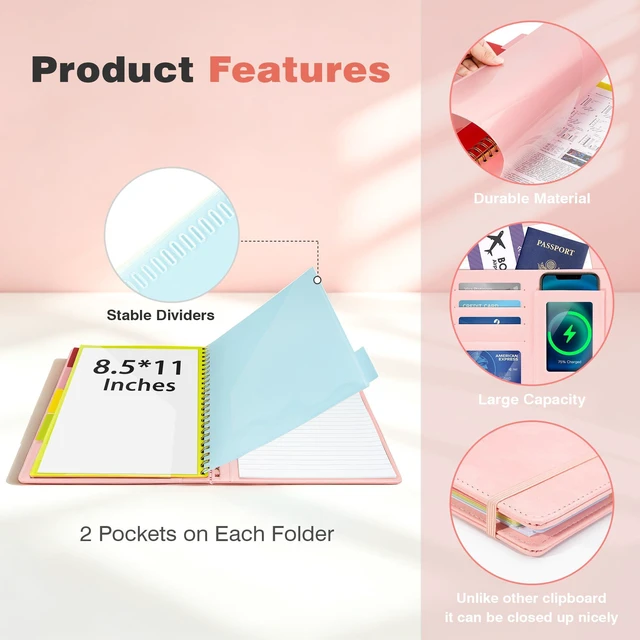 Alt view image 5 of 7 - Clipboard with Storage for Men Women, Leather Padfolio Portfolio Organizer 5 Folders with 10 Pockets, Spiral Clipboard Folio with Notepad for Letter Size, Elastic Closure and Pen Loop Pink