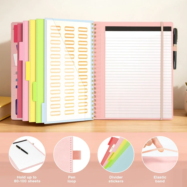 Alt view image 6 of 7 - Clipboard with Storage for Men Women, Leather Padfolio Portfolio Organizer 5 Folders with 10 Pockets, Spiral Clipboard Folio with Notepad for Letter Size, Elastic Closure and Pen Loop Pink