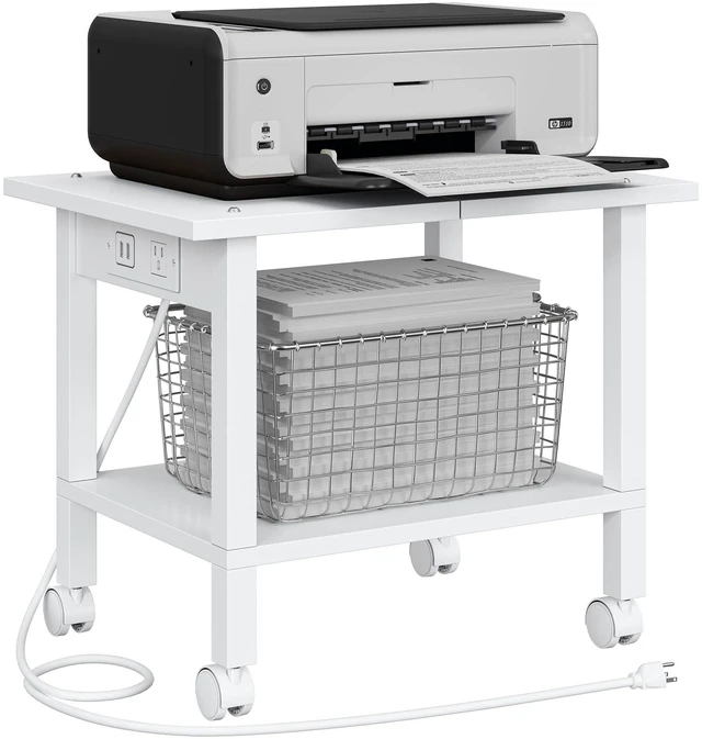 Main image of Printer Stand, 2 Tier Rolling Printer Cart with Charging Station Small Under Desk Printer Table with Wheels for Small Space, Office, Home, White PS01BW001P