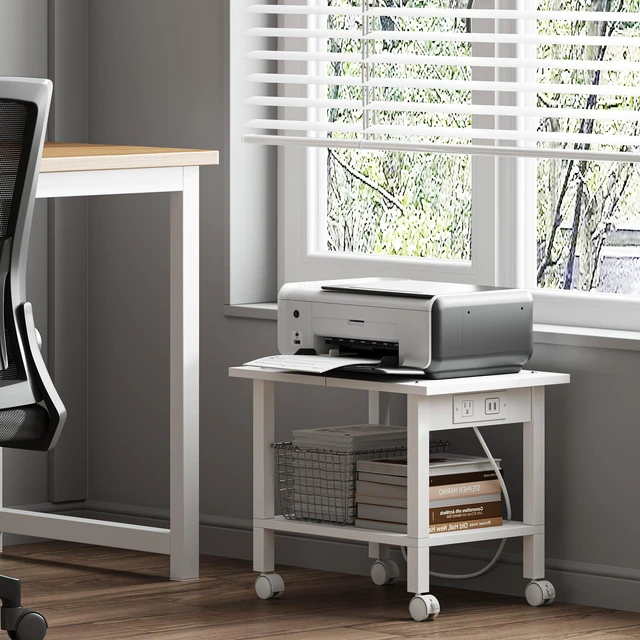 Alt view image 2 of 7 - Printer Stand, 2 Tier Rolling Printer Cart with Charging Station Small Under Desk Printer Table with Wheels for Small Space, Office, Home, White PS01BW001P