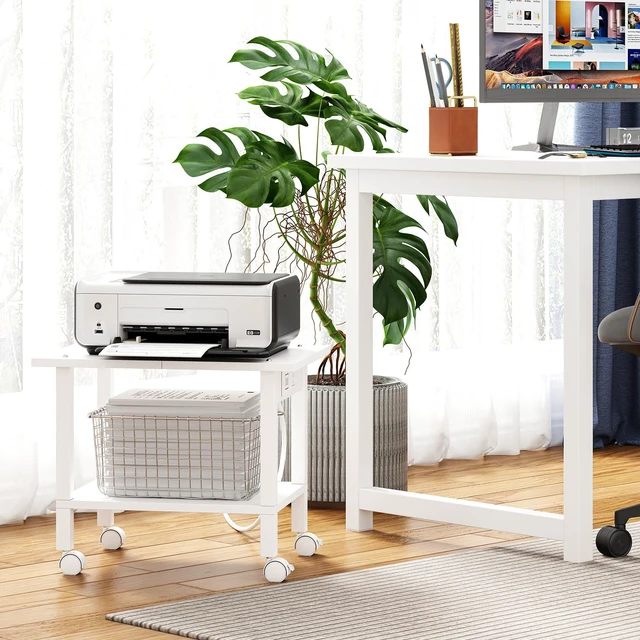 Alt view image 3 of 7 - Printer Stand, 2 Tier Rolling Printer Cart with Charging Station Small Under Desk Printer Table with Wheels for Small Space, Office, Home, White PS01BW001P