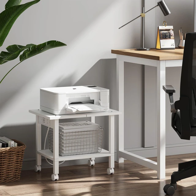 Alt view image 4 of 7 - Printer Stand, 2 Tier Rolling Printer Cart with Charging Station Small Under Desk Printer Table with Wheels for Small Space, Office, Home, White PS01BW001P