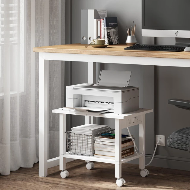 Alt view image 5 of 7 - Printer Stand, 2 Tier Rolling Printer Cart with Charging Station Small Under Desk Printer Table with Wheels for Small Space, Office, Home, White PS01BW001P