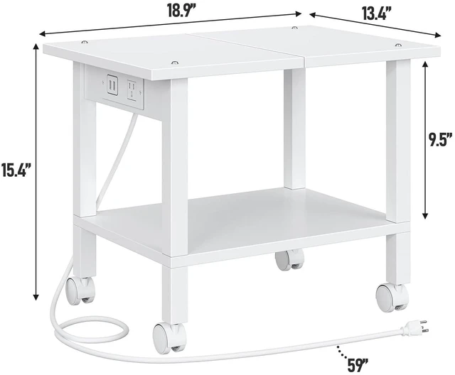 Alt view image 7 of 7 - Printer Stand, 2 Tier Rolling Printer Cart with Charging Station Small Under Desk Printer Table with Wheels for Small Space, Office, Home, White PS01BW001P