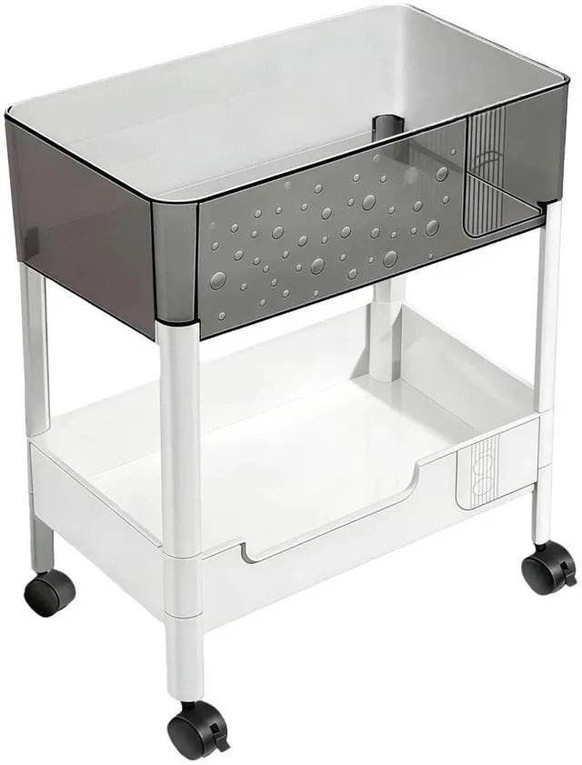 Main image of 2 Tier Rolling Cart with Wheels for Under Desk Storage, Heavy Duty Plastic Short Small Utility Cart for Small Space Bathroom Vanity Makeup Organizer Pantry, 4.7'' Deep Baskets for Tall Bottles