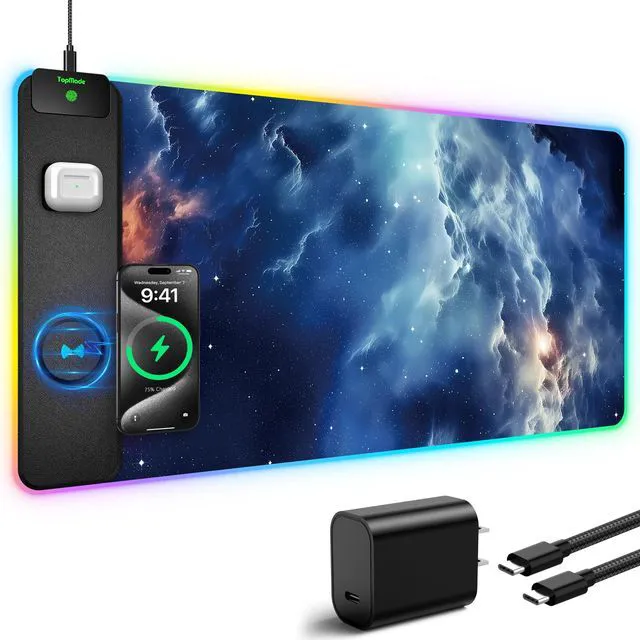 Alt view image 2 of 7 - RGB Gaming Mouse Pad with Wireless Charging, Large Desk Mat, Blue Nebula 31.5 x 15.8 XXL Large Waterproof Mousepad Home Office Desk Pad, Includes 20W PD Adapter & 6.56ft Woven Cable