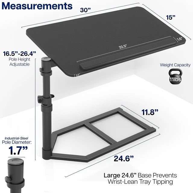 Alt view image 3 of 7 - Height Adjustable Under Mattress 30 inch Bedside Desk, Works with Lofts and Beds Without Frames, Tilting Desktop, Fits Laptops, Books, and More, Black