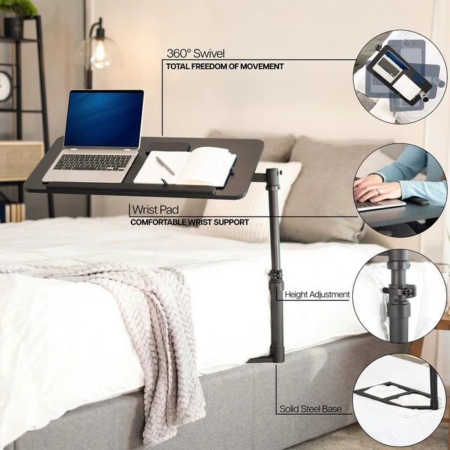 Alt view image 4 of 7 - Height Adjustable Under Mattress 30 inch Bedside Desk, Works with Lofts and Beds Without Frames, Tilting Desktop, Fits Laptops, Books, and More, Black