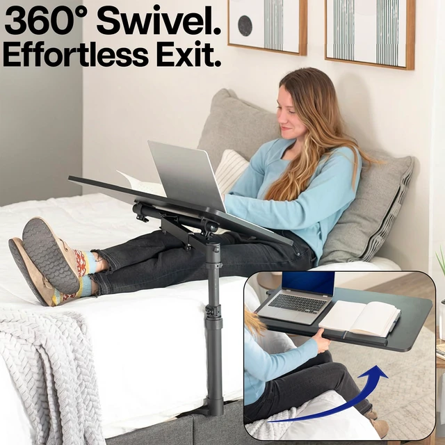 Alt view image 5 of 7 - Height Adjustable Under Mattress 30 inch Bedside Desk, Works with Lofts and Beds Without Frames, Tilting Desktop, Fits Laptops, Books, and More, Black