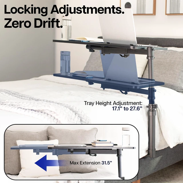 Alt view image 6 of 7 - Height Adjustable Under Mattress 30 inch Bedside Desk, Works with Lofts and Beds Without Frames, Tilting Desktop, Fits Laptops, Books, and More, Black
