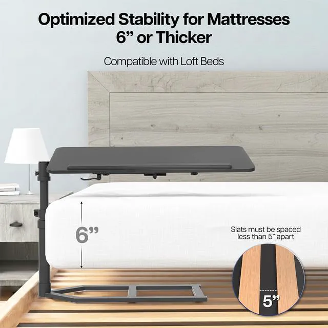 Alt view image 7 of 7 - Height Adjustable Under Mattress 30 inch Bedside Desk, Works with Lofts and Beds Without Frames, Tilting Desktop, Fits Laptops, Books, and More, Black