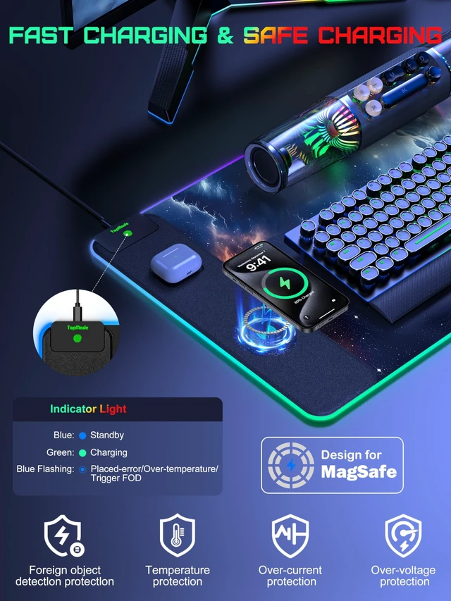 Alt view image 3 of 7 - RGB Gaming Mouse Pad with Wireless Charging, Large Desk Mat, Blue Nebula 31.5 x 15.8 XXL Large Waterproof Mousepad Home Office Desk Pad, Includes 20W PD Adapter & 6.56ft Woven Cable